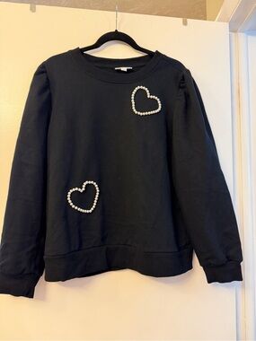 Charter Club Black Sweatshirt with Pearl Heart Appliqués